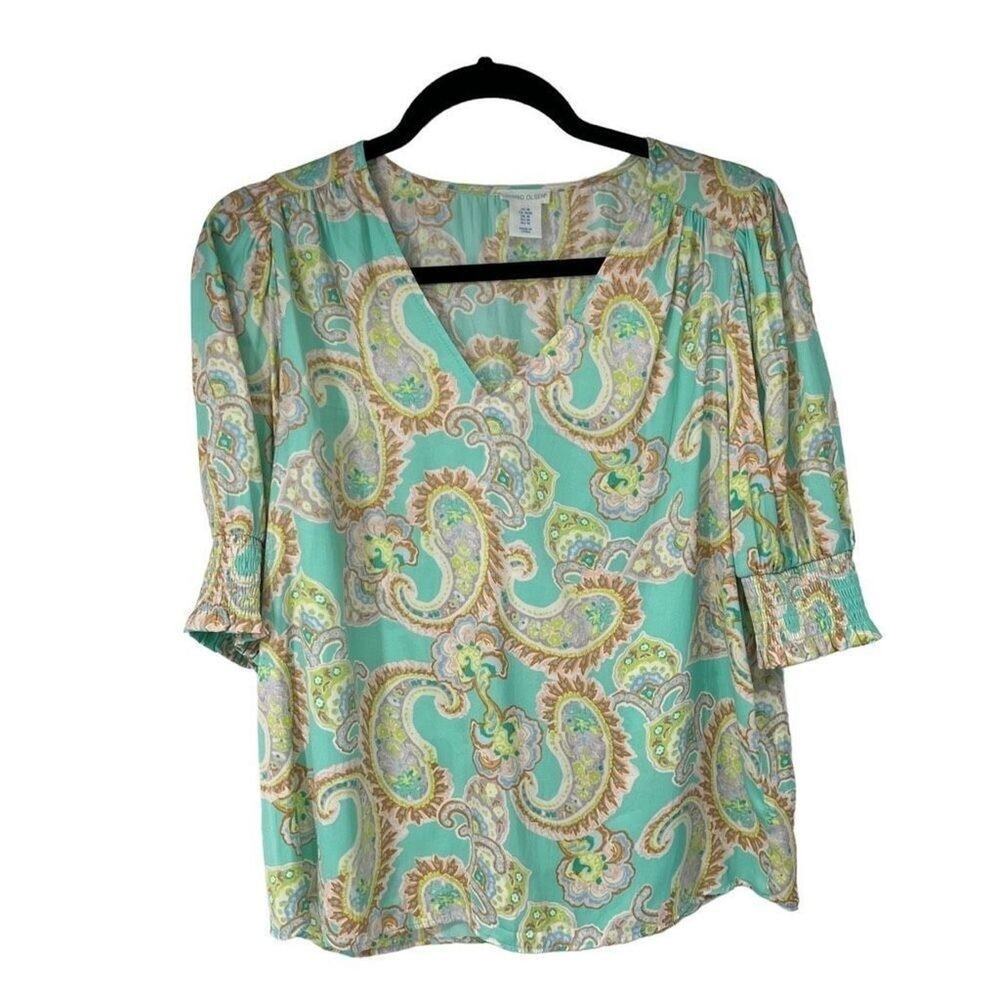 Sigrid Olsen Mint Green Paisley Puff Sleeve‎ V Neck Top Womens M